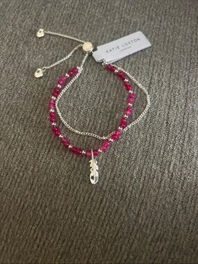 Katie Loxton Silver Bracelet with Pink Beads and Feather Charm